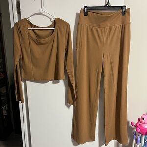 Amazon Women's Camel Knit Cropped Long Sleeve Top and Wide-Leg Pants Set